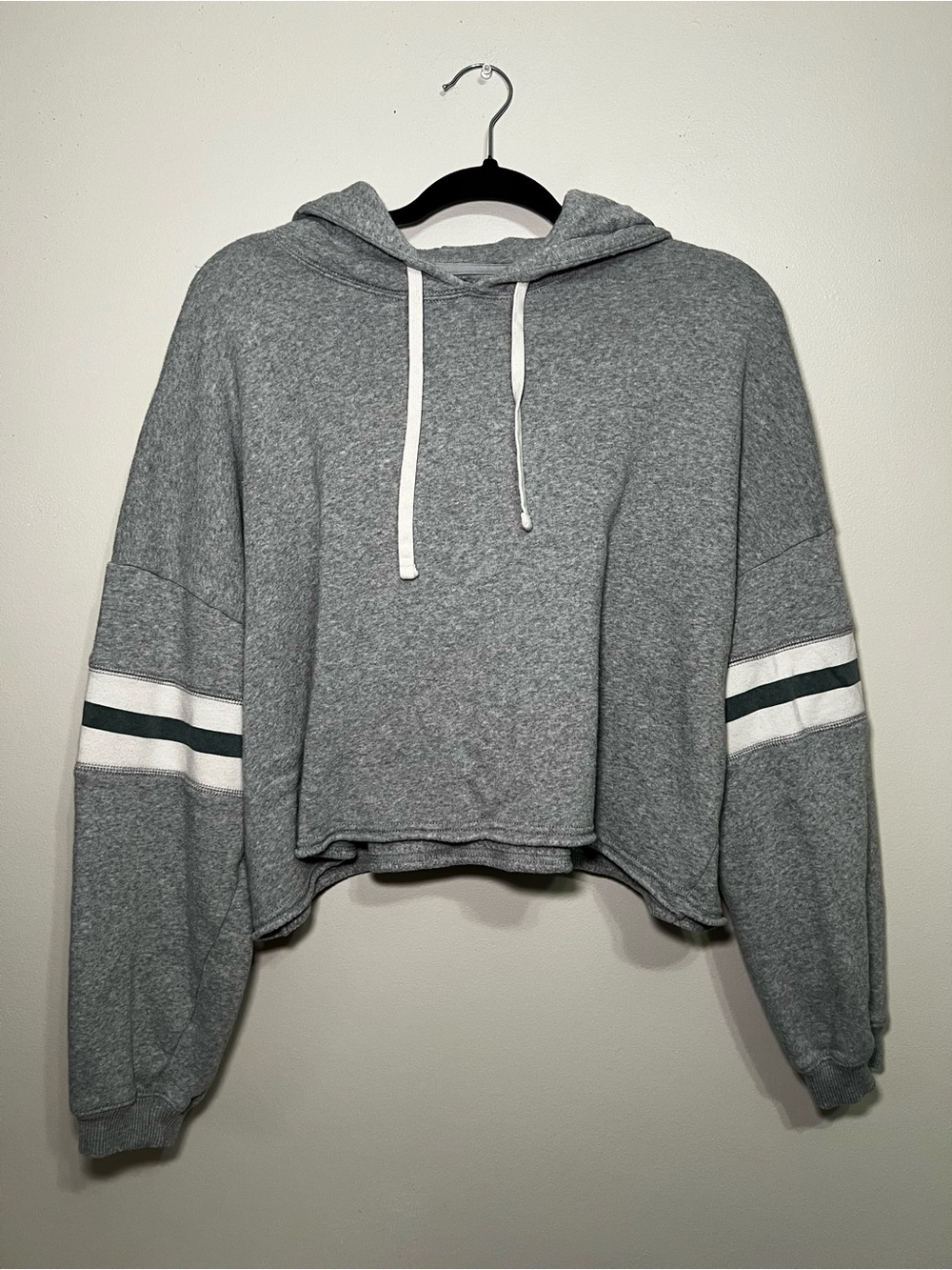 American Eagle Cropped Grey Hoodie with Striped Sleeves